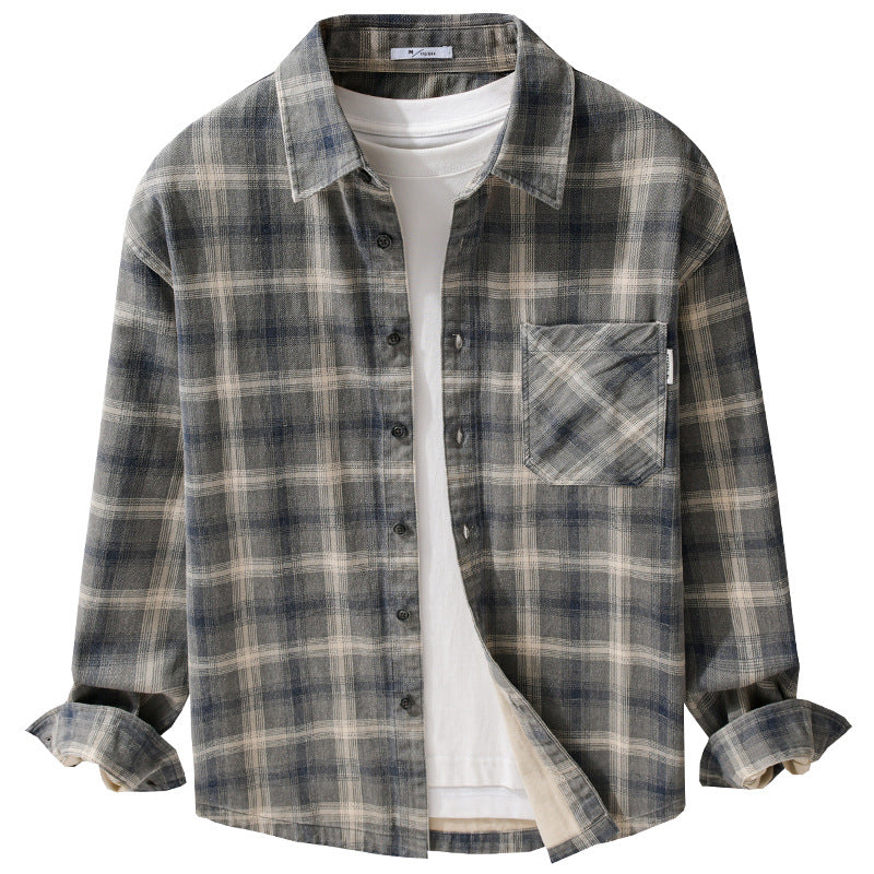Herren Karo-Relaxed-Overshirt aus gebürstetem Baumwollmix mit Brusttasche und durchgehender Knopfleiste Echoarchiv