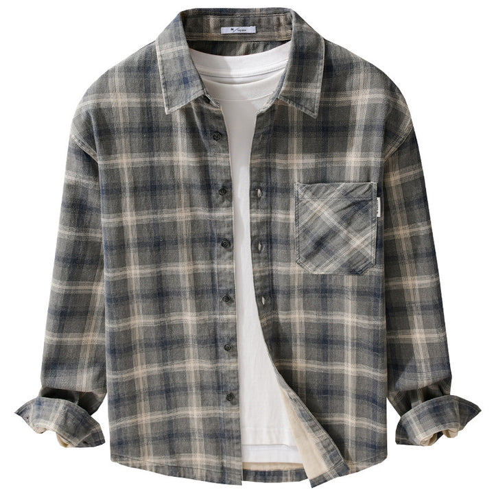 Herren Karo-Relaxed-Overshirt aus gebürstetem Baumwollmix mit Brusttasche und durchgehender Knopfleiste Echoarchiv