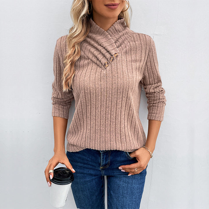 Damen Gerippter Feinstrickpullover mit überlappendem Stehkragen Echoarchiv