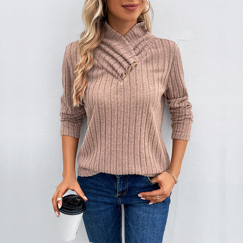 Damen Gerippter Feinstrickpullover mit überlappendem Stehkragen Echoarchiv
