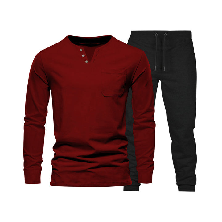 Herren Langarm‑Henley Loungewear‑Set mit Brusttasche und tapered Jogginghose – Marzano