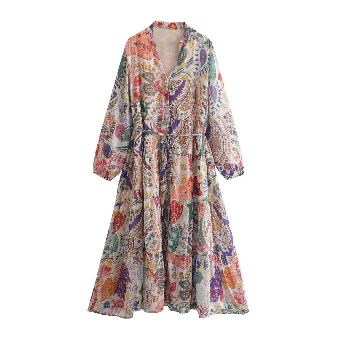 Damen Maxikleid mit Paisley‑Print, V‑Ausschnitt, Taillenband und Stufenrock Echo Archiv