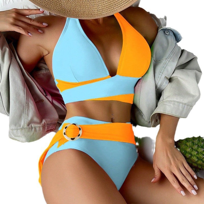 Damen Triangel-Bikini mit modischen Farbblock-Details und dekorativem Gürtel Echo Archiv