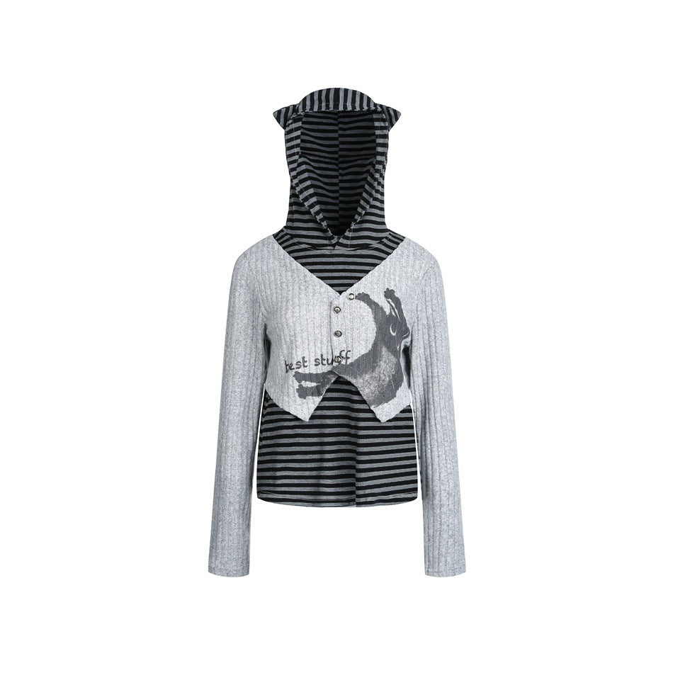 Damen Lagenlook-Kapuzenpullover mit gestreiftem Unterteil und kurzem Rippbolero Echoarchiv