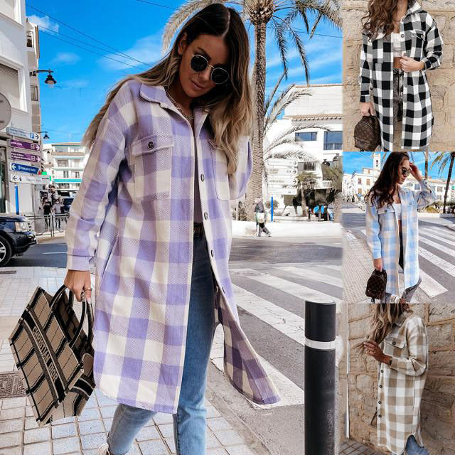 Damen Karierte Overshirtjacke mit Brusttaschen Echoarchiv