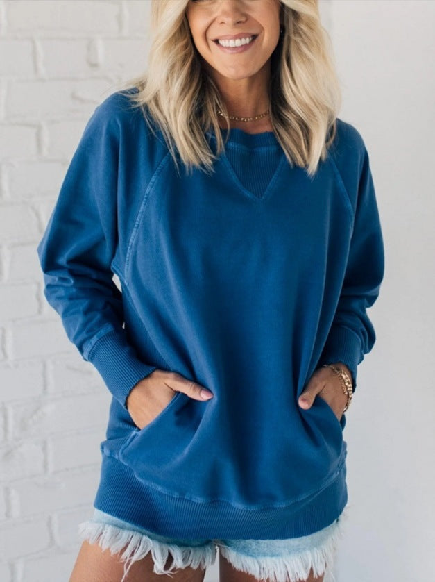 Damen Oversize Baumwoll-Sweatshirt mit V‑Stitch, Rippbündchen und Seitentaschen Echoarchiv