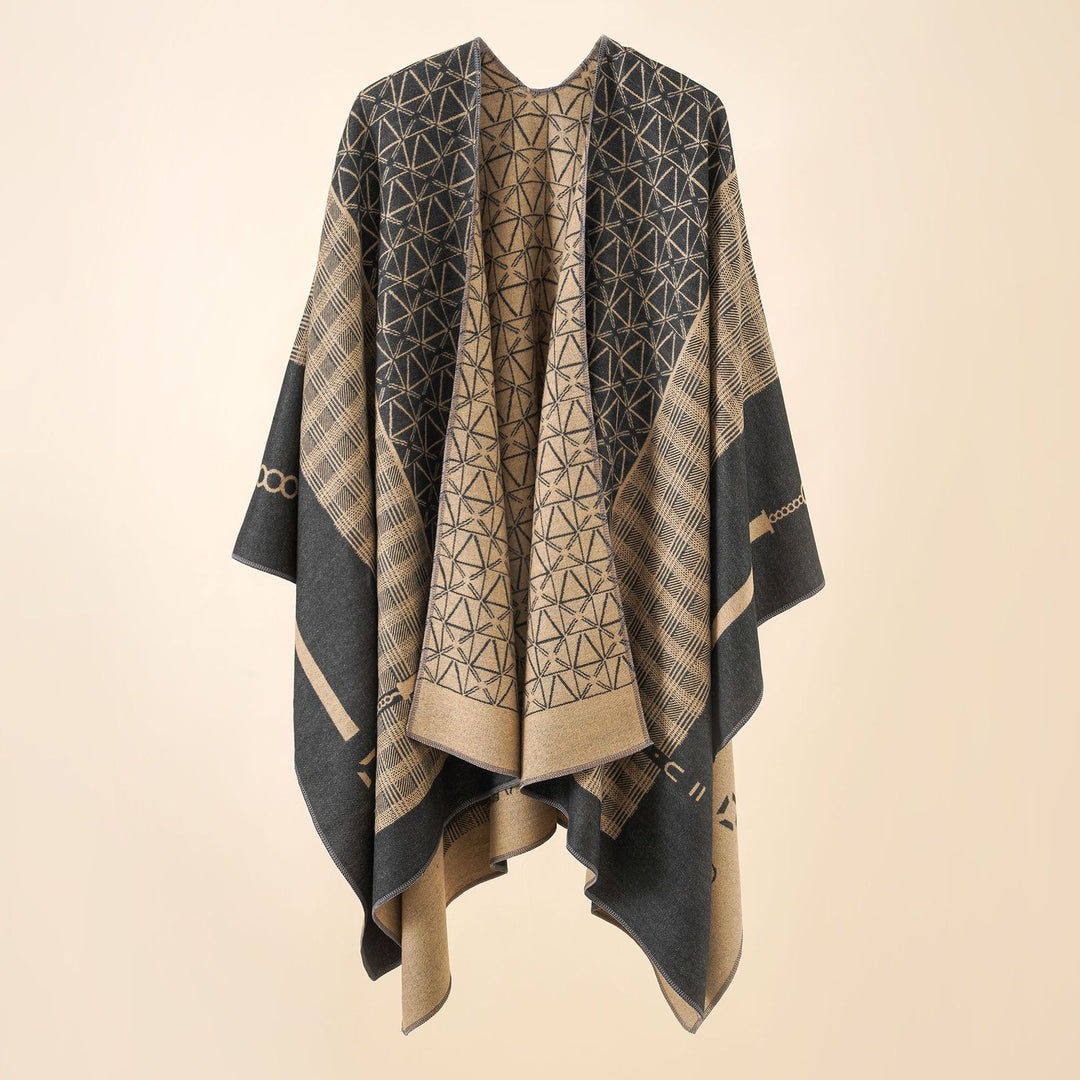 Damen Geometrisches Jacquard-Ruana-Cape aus Wollmix mit offener Kimono-Silhouette – Montévia