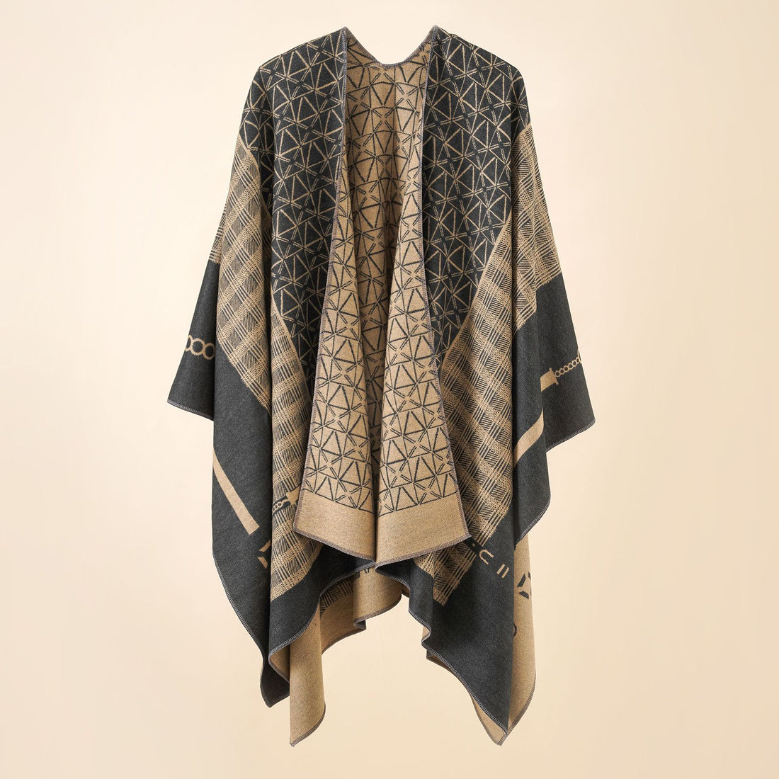 Damen Geometrisches Jacquard-Ruana-Cape aus Wollmix mit offener Kimono-Silhouette – Montévia