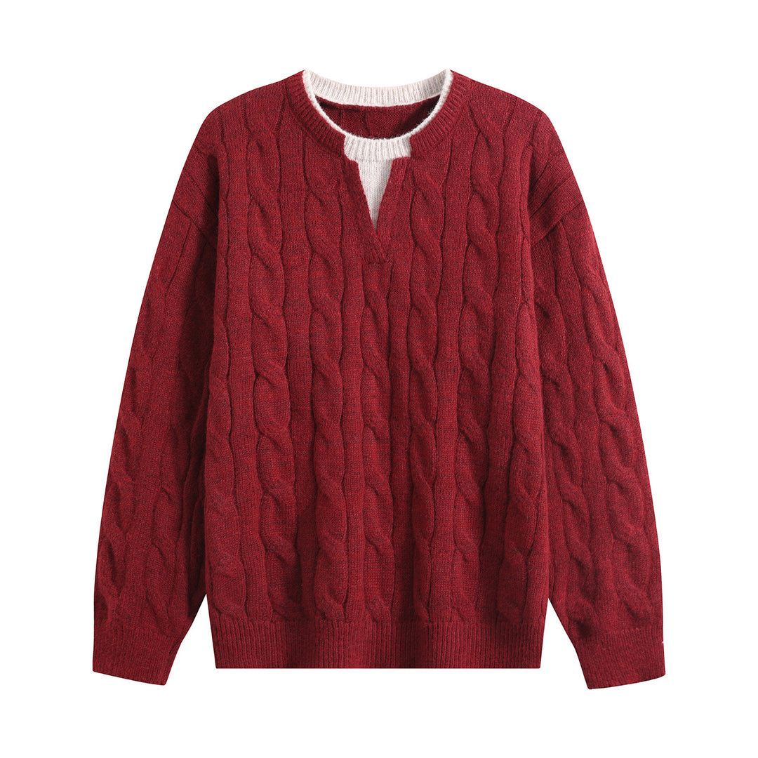 Damen Oversize Zopfmuster-Pullover mit V‑Schlitzkragen Echoarchiv