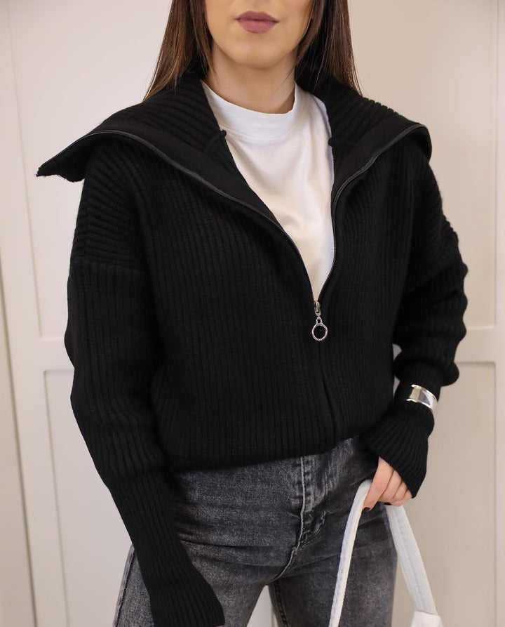 Damen Oversize Strickjacke mit Reißverschluss und hohem Kragen Echoarchiv
