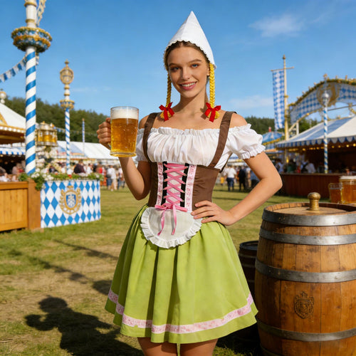 Damen nan traditionelles Oktoberfest Dirndl Kostüm mit Schnürkorsett, Schürze und Zipfelmütze Echo Archiv