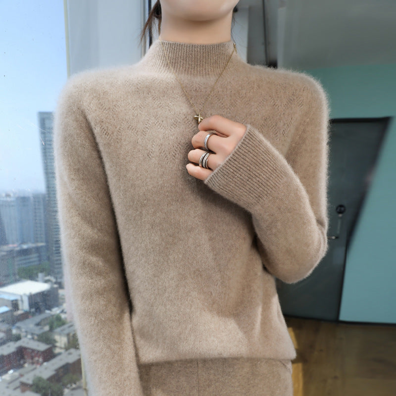 Damen Schlanker minimalistischer Stehkragen-Feinstrickpullover mit geripptem Hals Echoarchiv