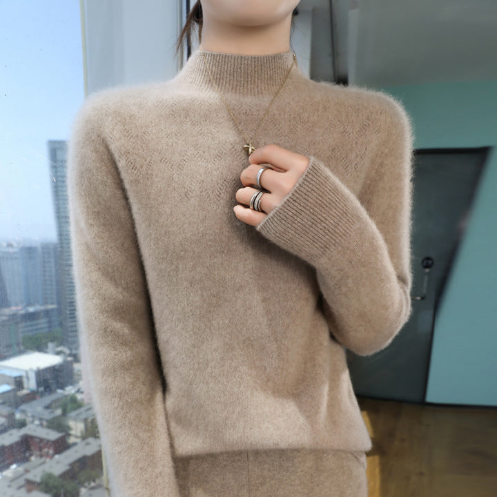 Damen Schlanker minimalistischer Stehkragen-Feinstrickpullover mit geripptem Hals Echoarchiv