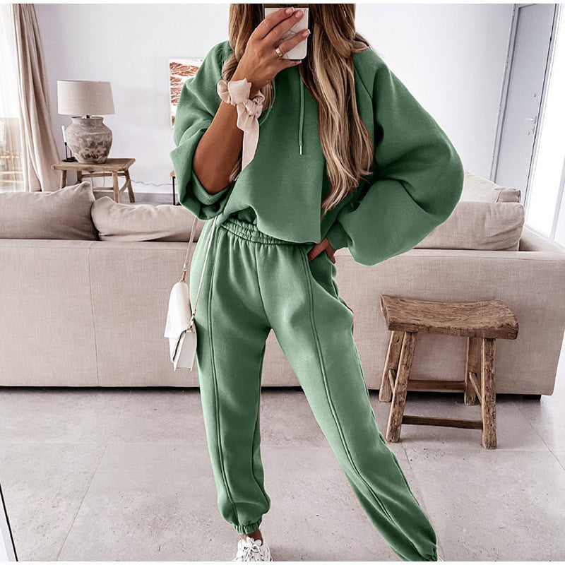 Damen kuscheliges Lounge-Zweiteiler-Set mit oversized Kapuzenpullover, Balloon-Ärmeln und taillierter Jogginghose – Auréline