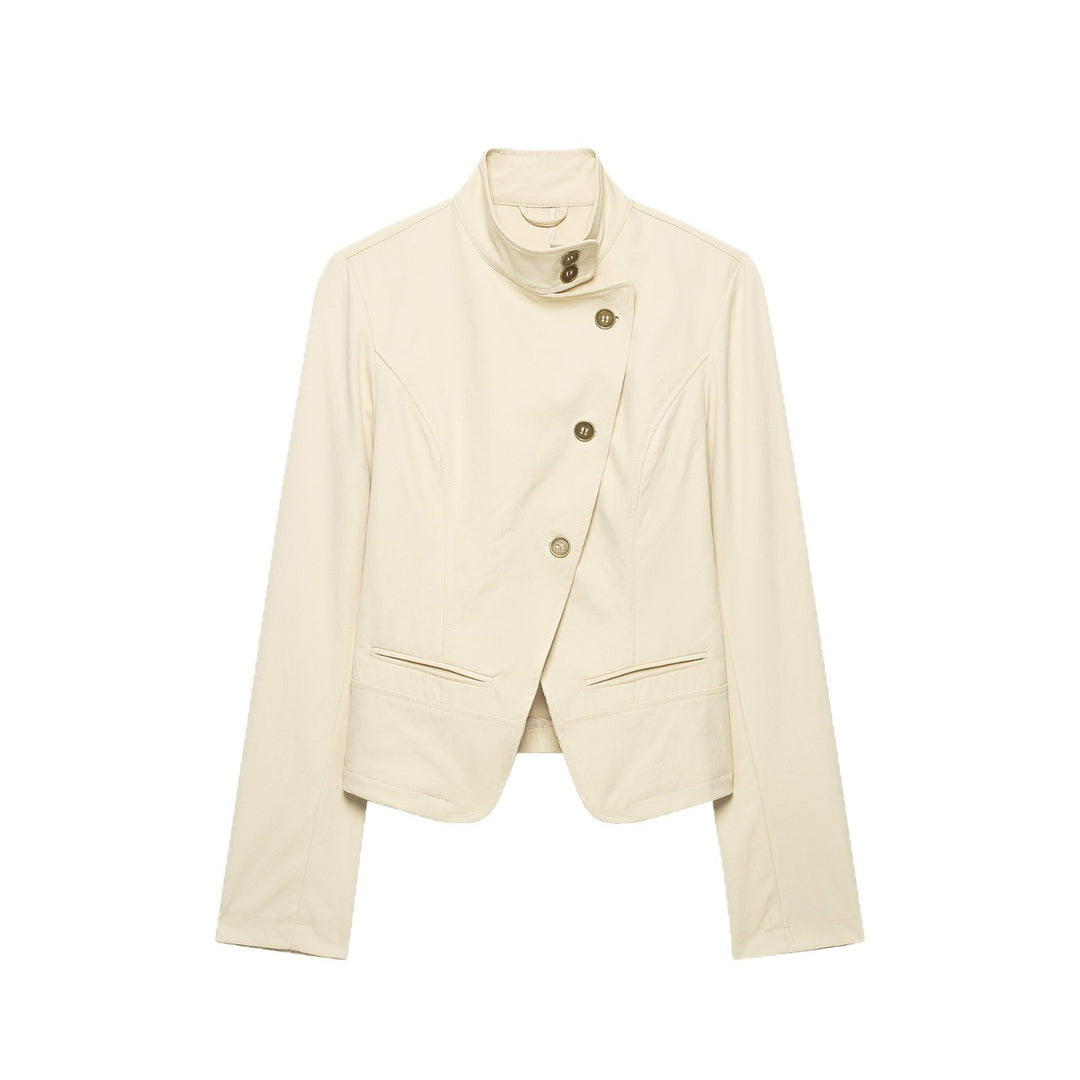 Damen Kurzblazer mit asymmetrischer Knopfleiste und hohem Stehkragen Echoarchiv