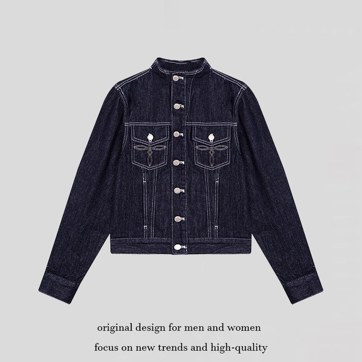 Damen Taillierte Jeansjacke mit Stehkragen, Ziernähten und Metallknopfverschluss Echoarchiv