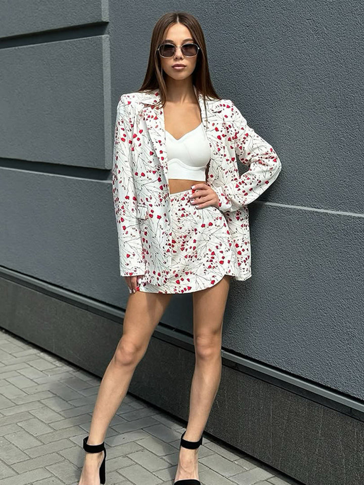 Damen Florales Blazer- und Minirock-Set aus strukturierter Baumwollmischung Echoarchiv