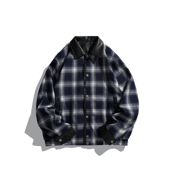 Herren Kastenförmige karierte Hemdjacke mit Kunstlederkragen, Druckknopfverschluss und Lederbesätzen Echo Archiv