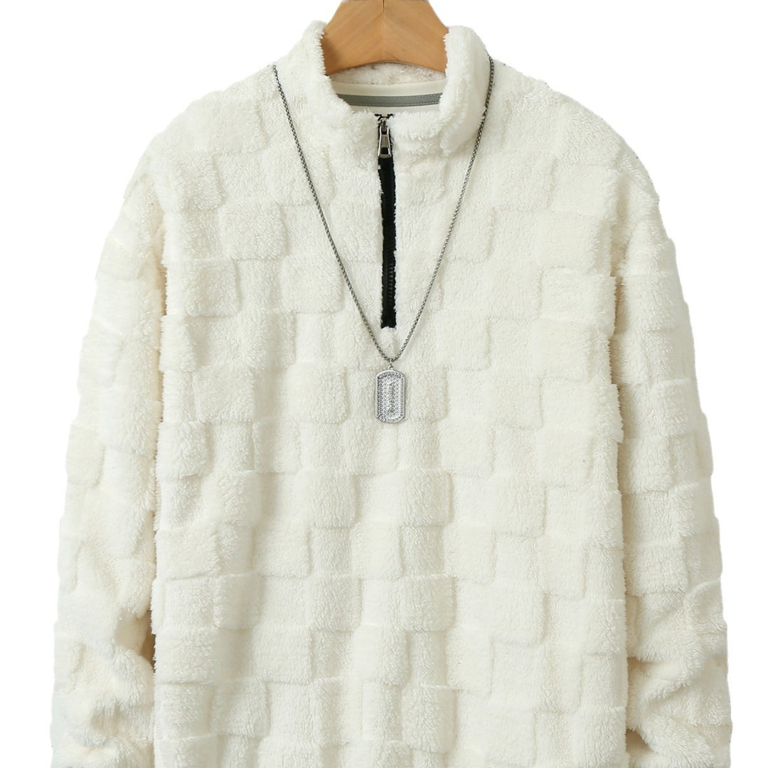 Herren karierter Sherpa-Halbzip-Pullover mit hohem Stehkragen und weicher Teddy-Fleece-Qualität – Cavarno