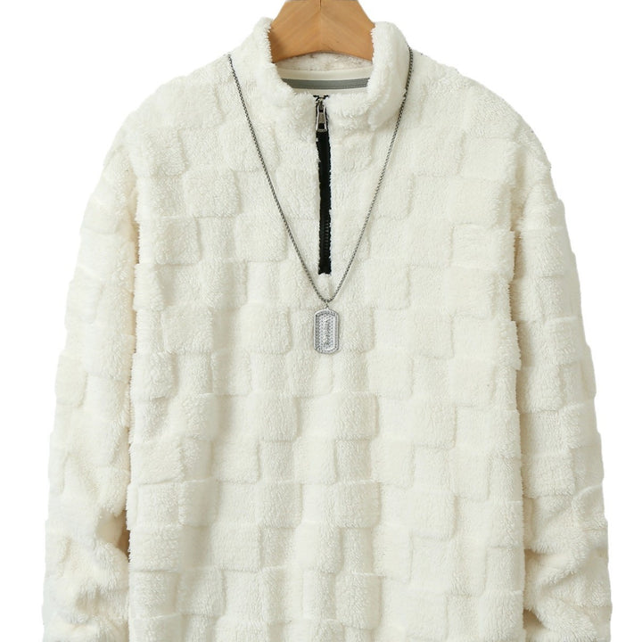 Herren karierter Sherpa-Halbzip-Pullover mit hohem Stehkragen und weicher Teddy-Fleece-Qualität – Cavarno