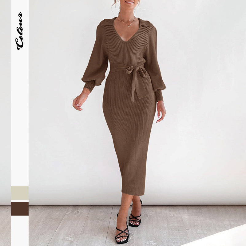 Damen Figurbetontes Rippstrick Midikleid mit V Ausschnitt Schalkragen Ballonärmeln und Bindegürtel Echoarchiv