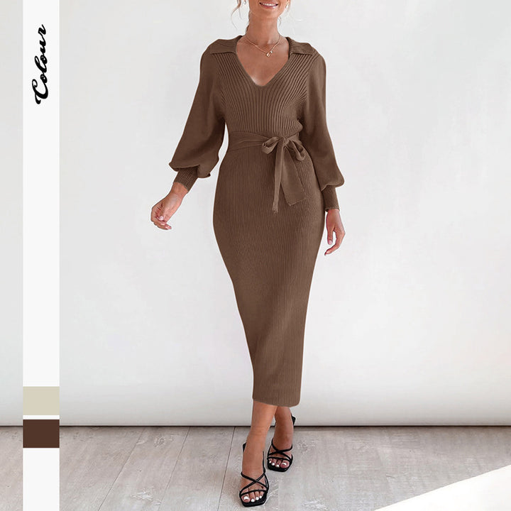 Damen Figurbetontes Rippstrick Midikleid mit V Ausschnitt Schalkragen Ballonärmeln und Bindegürtel Echoarchiv