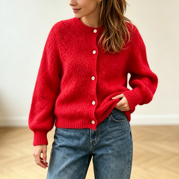 Damen Kuschelige Mohair-Optik Strickjacke mit Rundhals und Ballonärmeln – Veloura