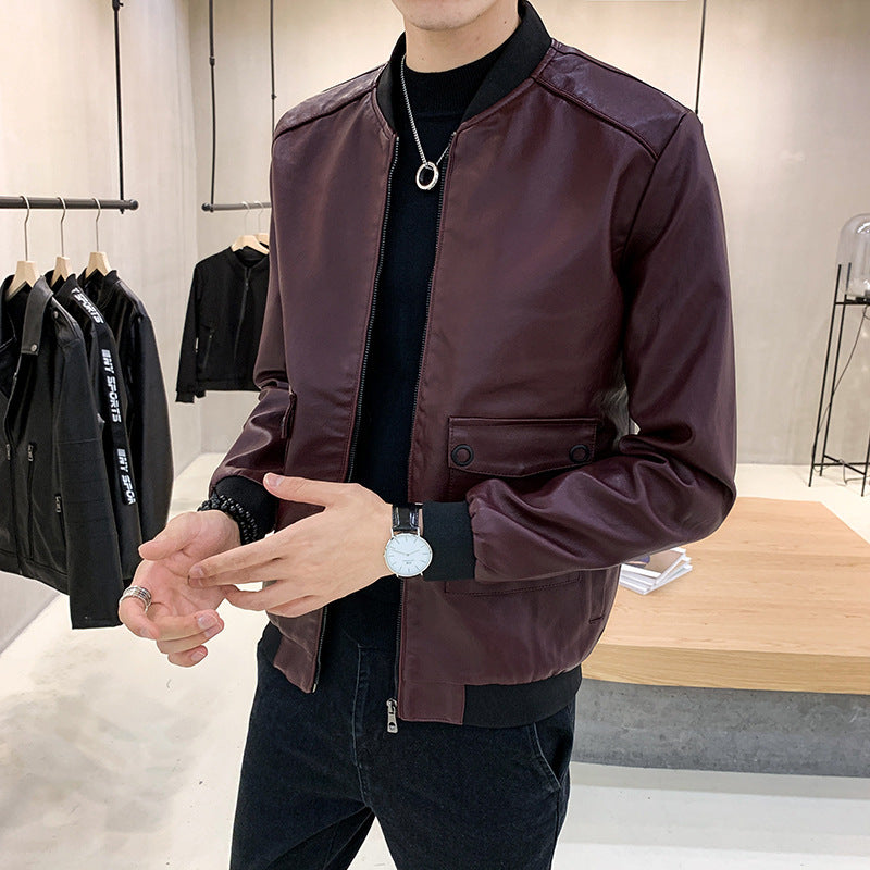 Herren Kunstleder-Bomberjacke im Aviator-Minimalstil mit Pattentaschen und Rippbündchen Echoarchiv