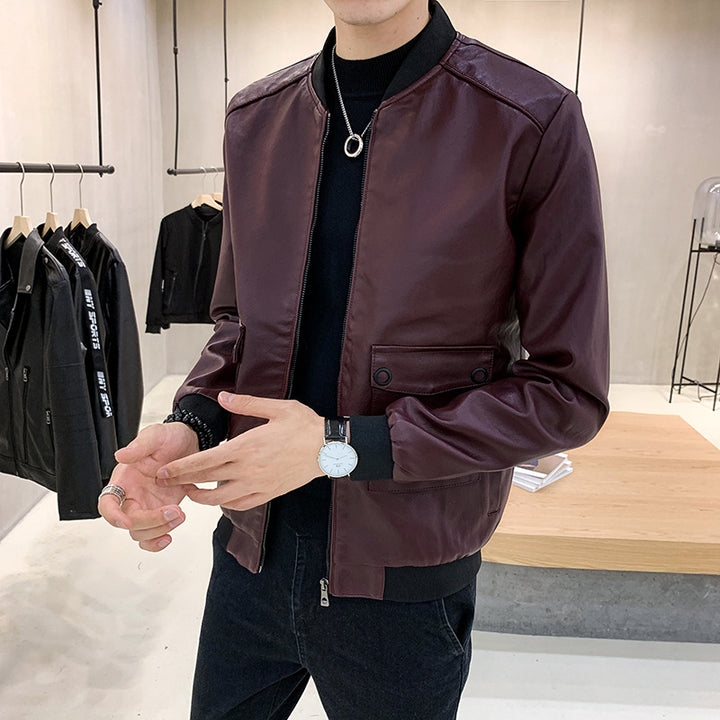 Herren Kunstleder-Bomberjacke im Aviator-Minimalstil mit Pattentaschen und Rippbündchen Echoarchiv