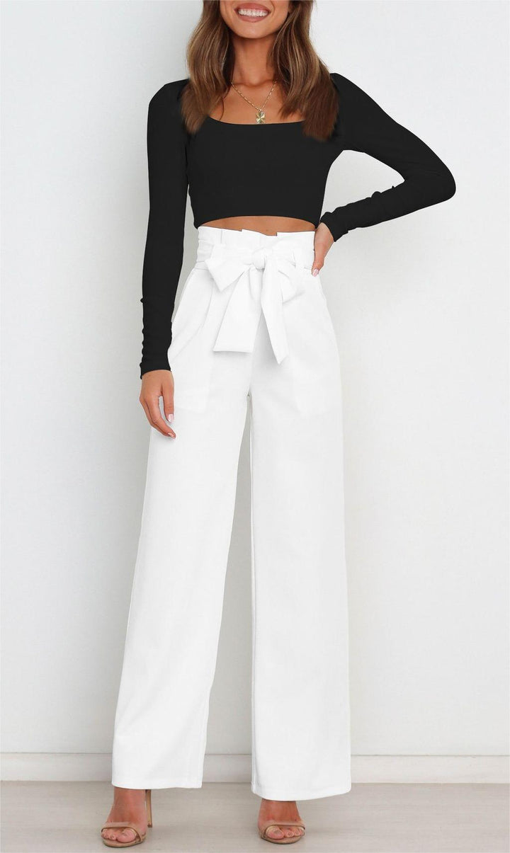 Damen Weite High-Waist Paperbag-Hose mit Bundfalten und Bindegürtel – Avélisse