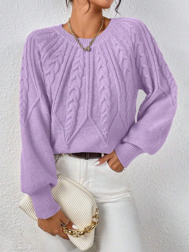 Damen nan kurzer Zopfmuster-Strickpullover mit Ballonärmeln und geripptem Saum Echo Archiv