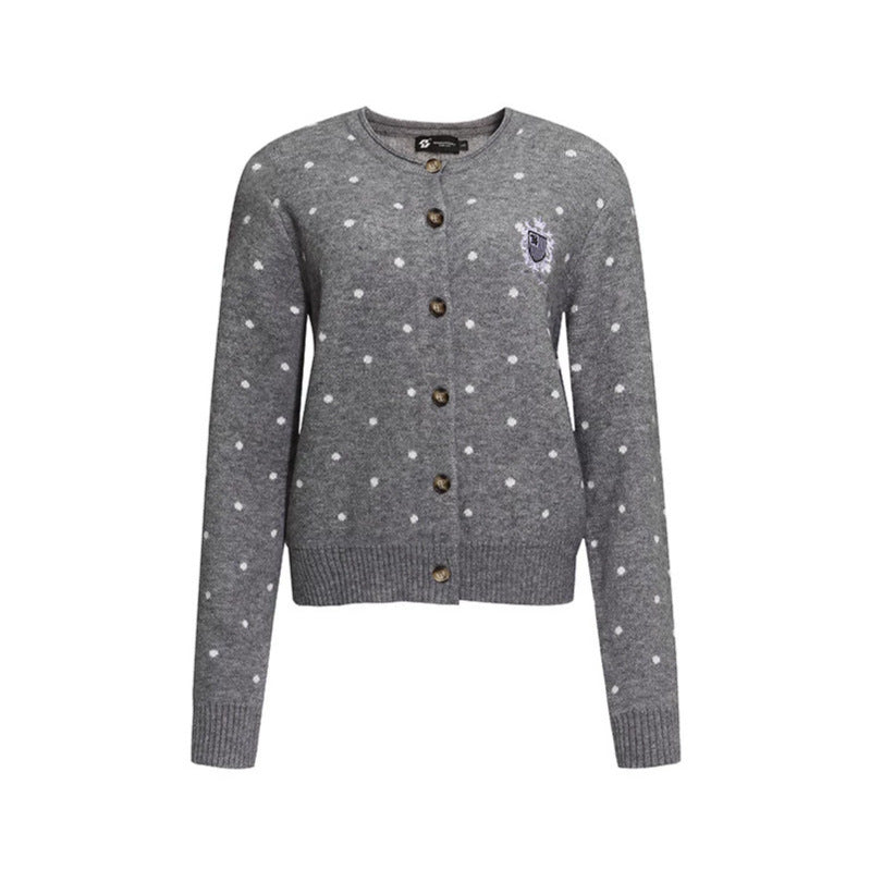 Damen Strick-Cardigan mit Rundhals, Tupfen-Jacquard und Zierwappen Echoarchiv