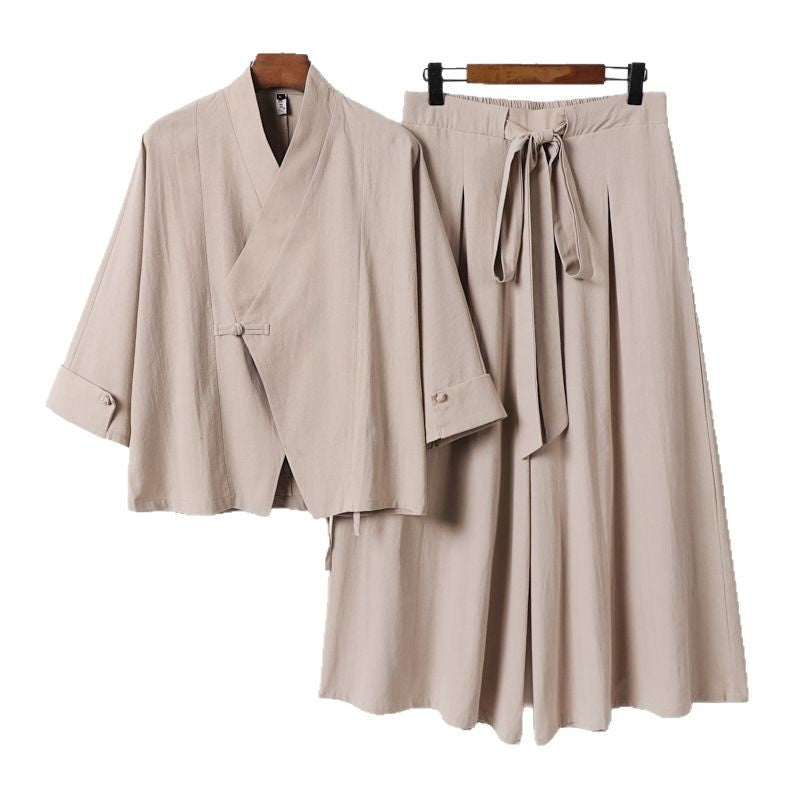 Damen Leichtes Kimono-Loungewear-Set mit V-Ausschnitt dreiviertelärmeln und weiten Palazzo-Hosen Echoarchiv