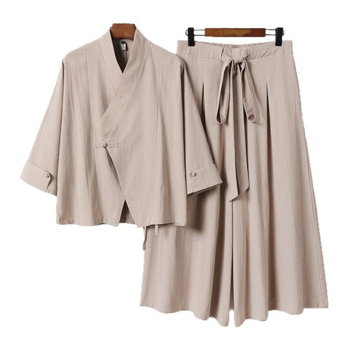 Damen Leichtes Kimono-Loungewear-Set mit V-Ausschnitt dreiviertelärmeln und weiten Palazzo-Hosen Echoarchiv