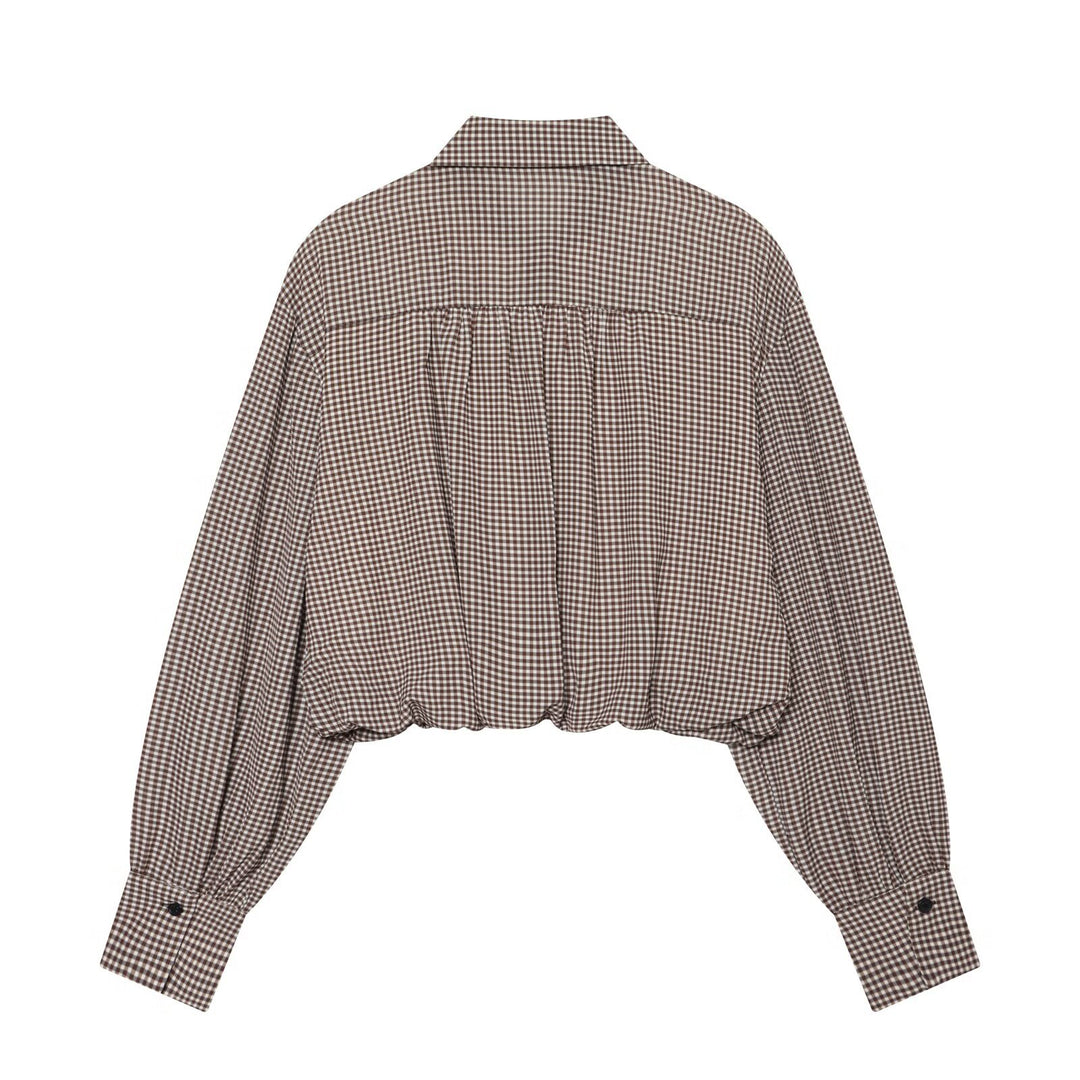 Damen Karo-Cropped-Hemdbluse mit Ballonärmeln und Brusttasche Echo Archiv