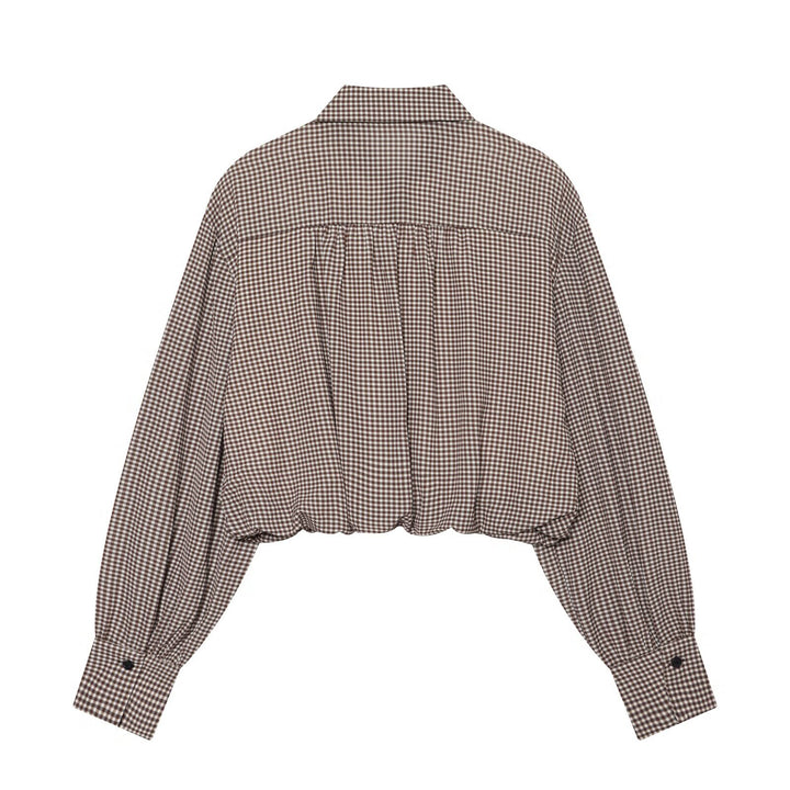 Damen Karo-Cropped-Hemdbluse mit Ballonärmeln und Brusttasche Echo Archiv