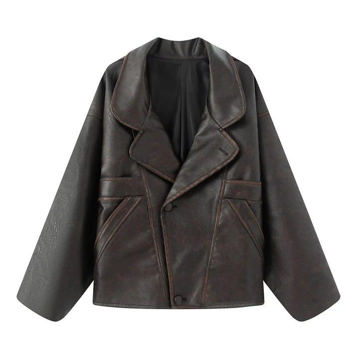 Damen nan kastiger Lederimitat-Blouson mit überlappendem Schalkragen und diagonal eingesetzten Taschen Echo Archiv