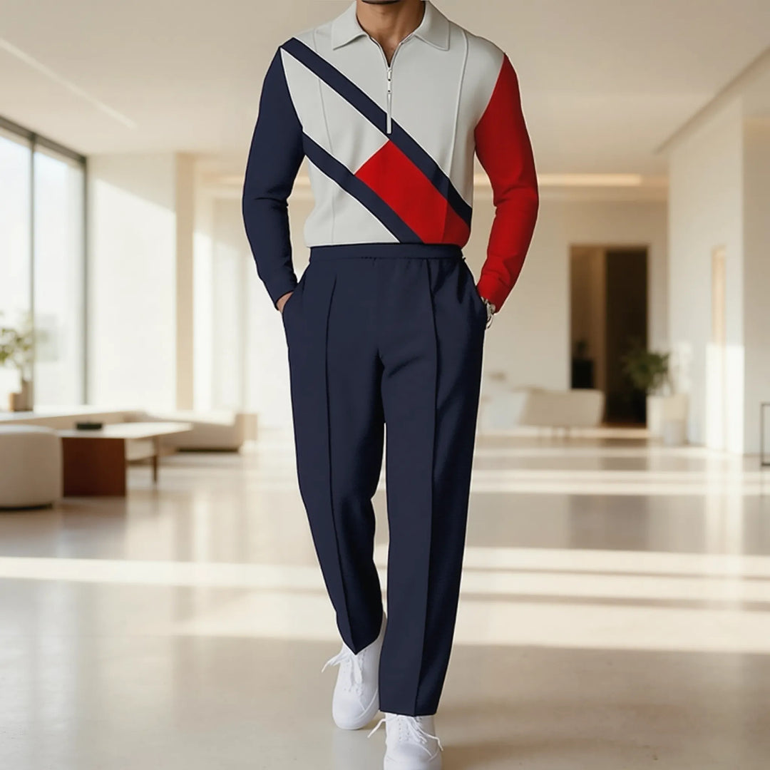 Herren modisches Langarmshirt mit Reißverschluss und einzigartigem Blockdesign Echoarchiv