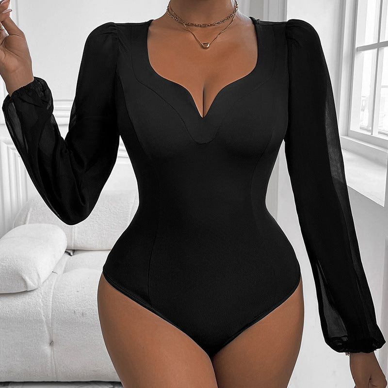 Damen Figurbetontes Body-Top mit herzförmigem Ausschnitt, Puffärmeln und taillierter Silhouette – Bodéline