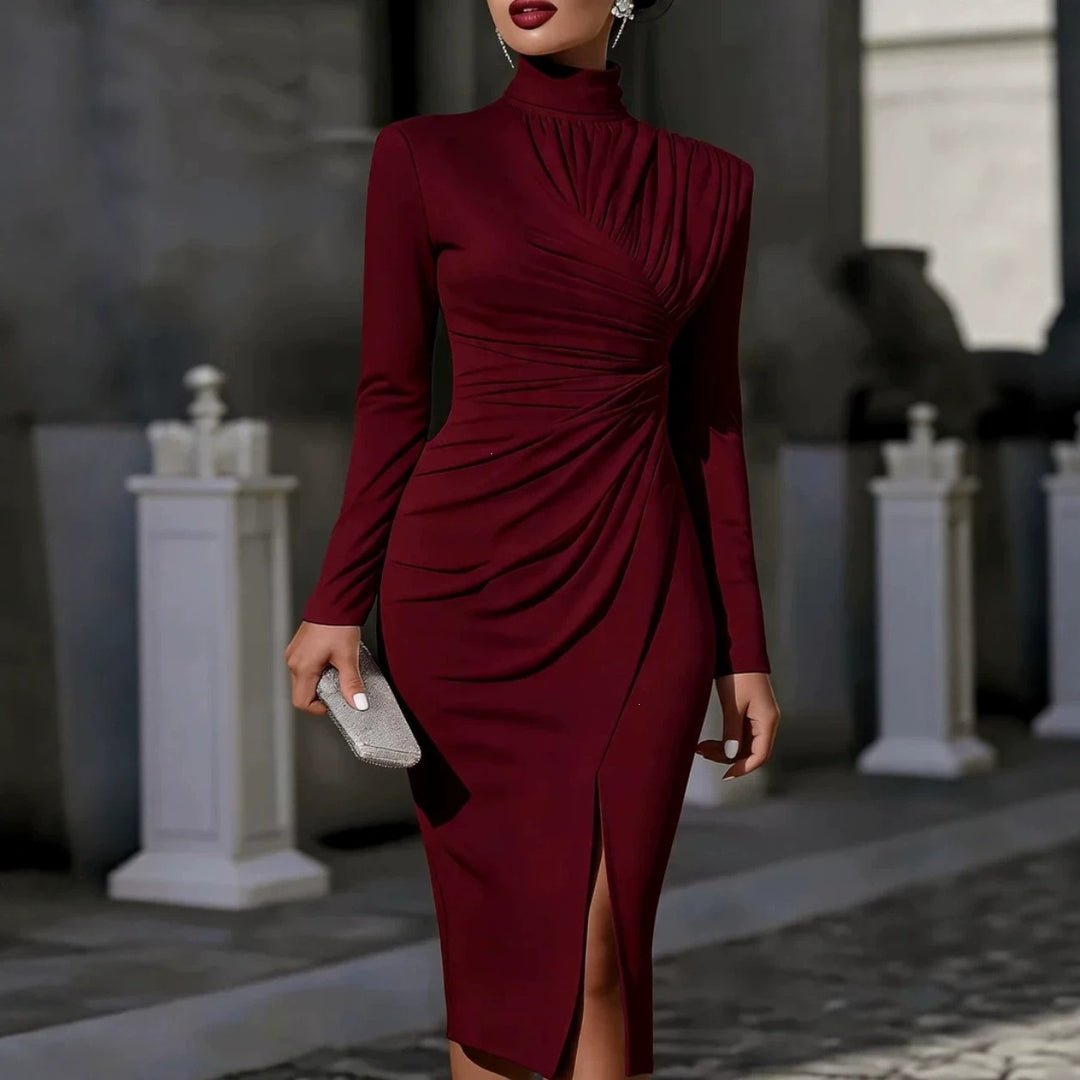 Damen Elegantes Midikleid mit geraffter Drapierung, Stehkragen und Beinschlitz Echoarchiv