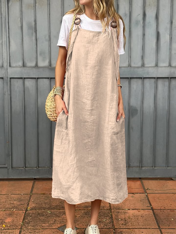 Damen Lässiges Leinen-Latzkleid mit praktischen Seitentaschen und verstellbaren Trägern Echoarchiv
