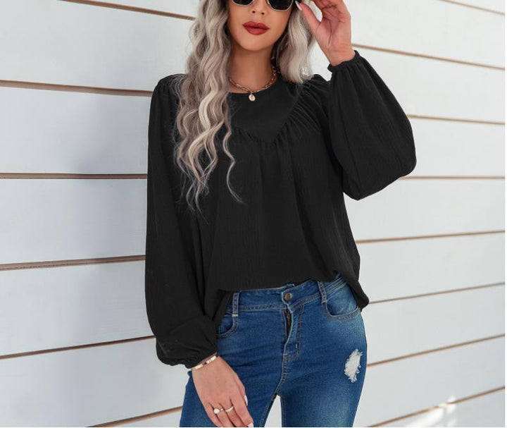 Damen Lässiges Viskose-Blusenshirt mit Rundhals und Ballonärmeln – Avérine