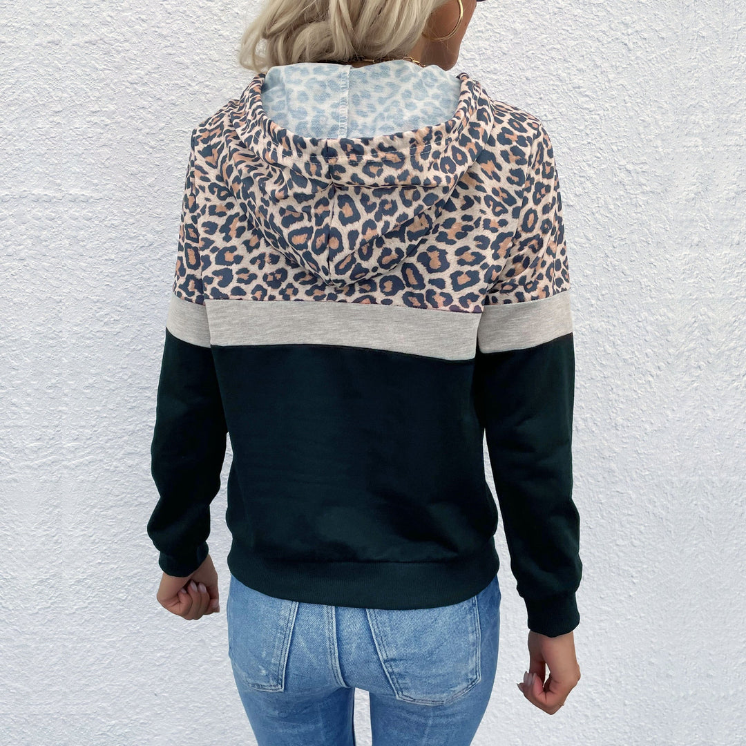 Damen Kapuzenpullover im Blockdesign mit Leopardenmuster, Kängurutasche und Tunnelzug Echoarchiv
