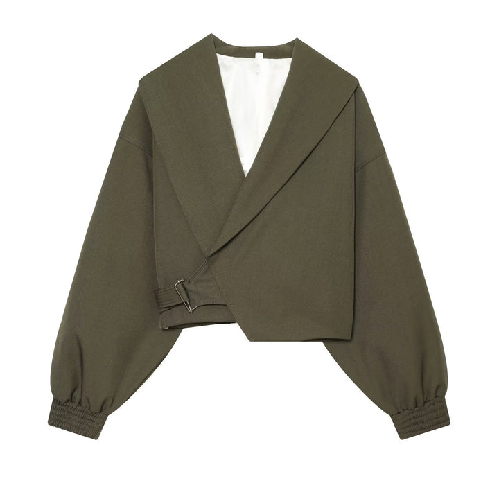 Damen Kurze Wickeljacke mit weitem Schalkragen, taillierendem Schnallenband und Ballonärmeln Echo Archiv