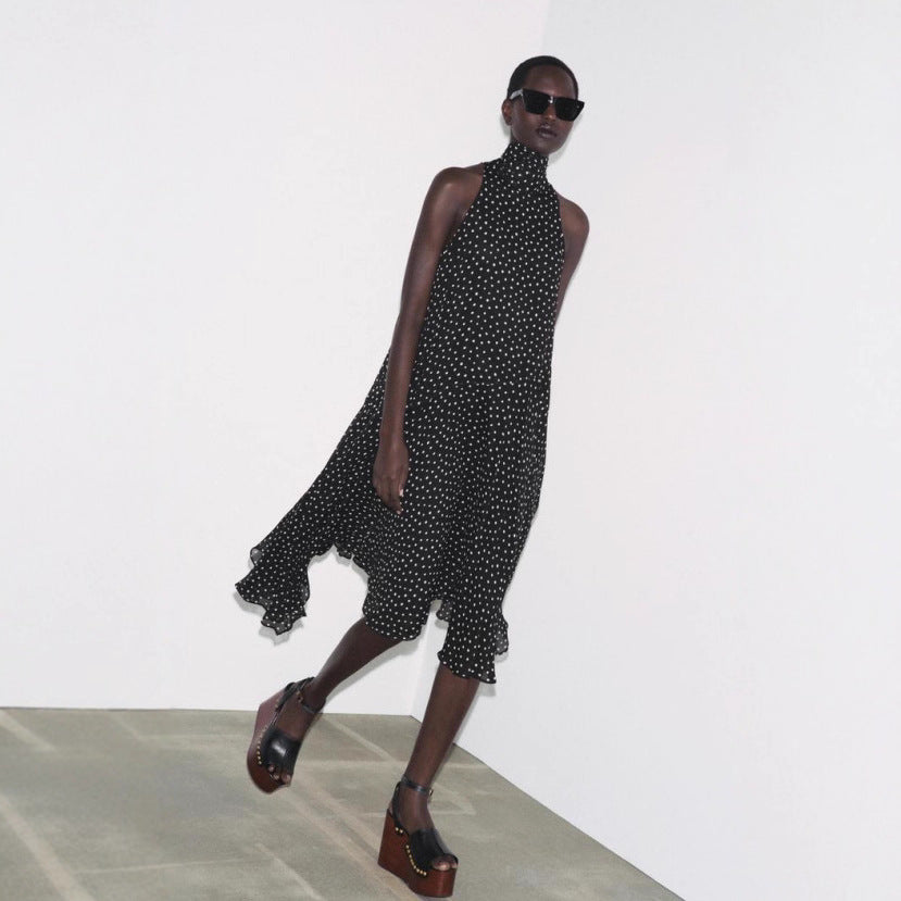 Damen nan ärmelloses hochgeschlossenes Midikleid mit schwingendem Volantrock und femininer A-Linie Echo Archiv