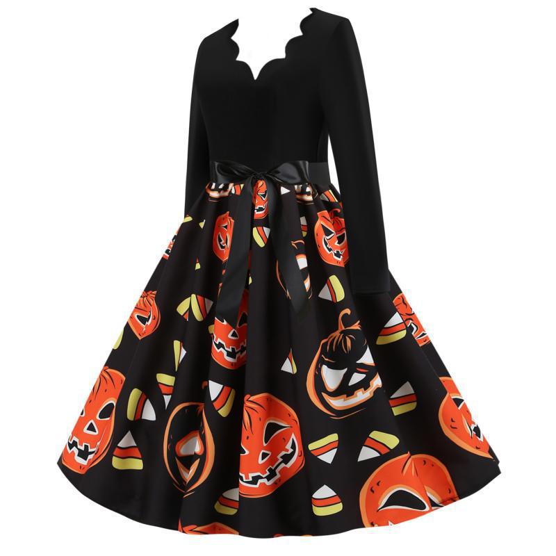 Damen Vintage A-Linien-Kleid mit gewelltem Ausschnitt, Taillenschärpe und Kürbis-Print – Élara