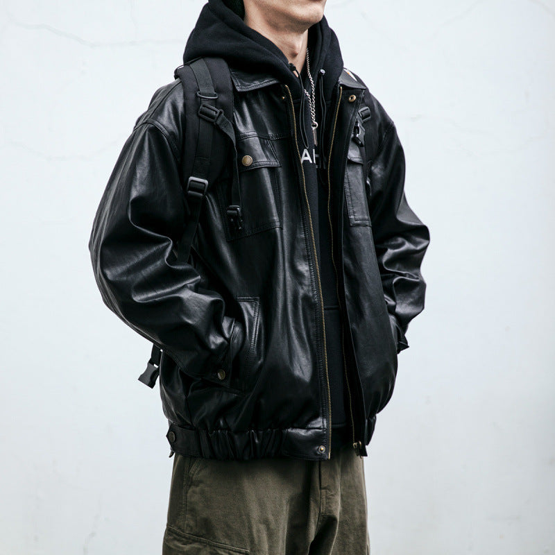 Herren Oversized Lederoptik-Utility-Jacke mit Pattentaschen und elastischem Saum Echoarchiv
