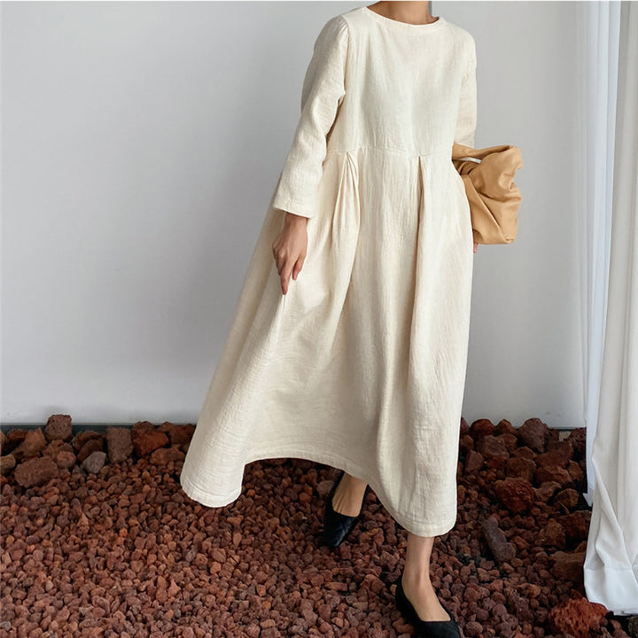 Damen Maxikleid aus Leinenmix mit geraffter Hüftpasse, seitlichen Eingrifftaschen und weitem Tellerrock – Valéora