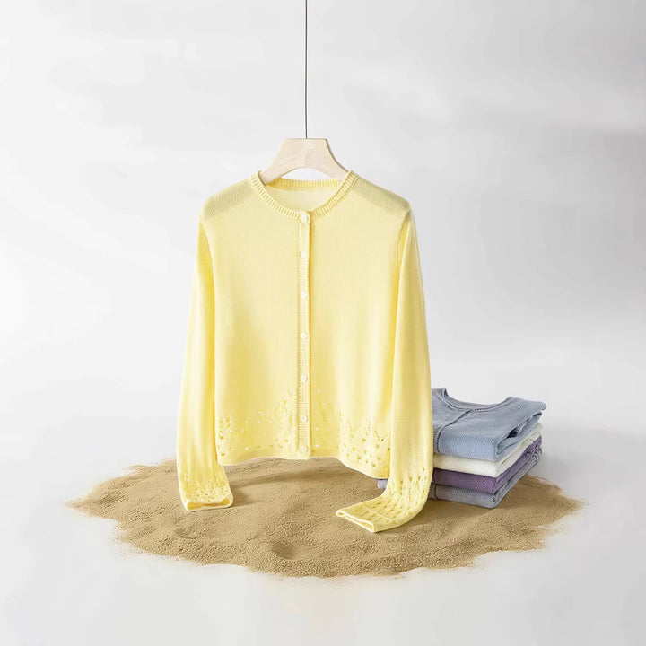 Damen Feiner Feinstrick-Cardigan mit Ajourmuster am Saum und Rundhalsausschnitt Echo Archiv