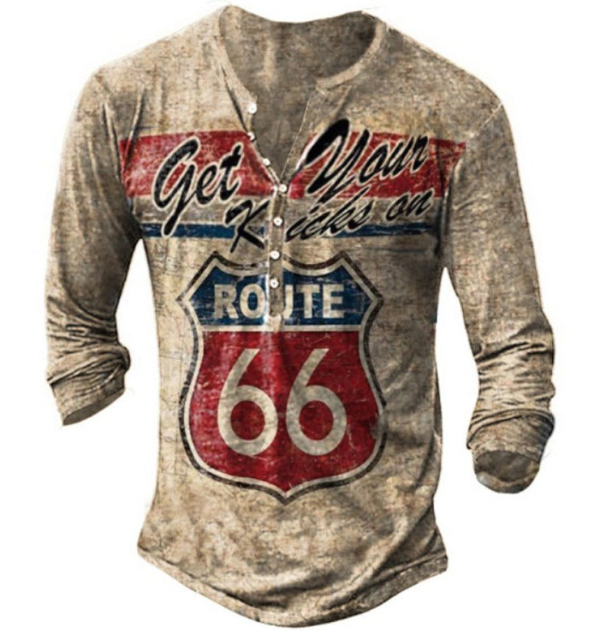 Herren Langarm-Henley-Shirt mit kreativem Vintage-route-66 Druck und hochwertigem Baumwollmix Echoarchiv